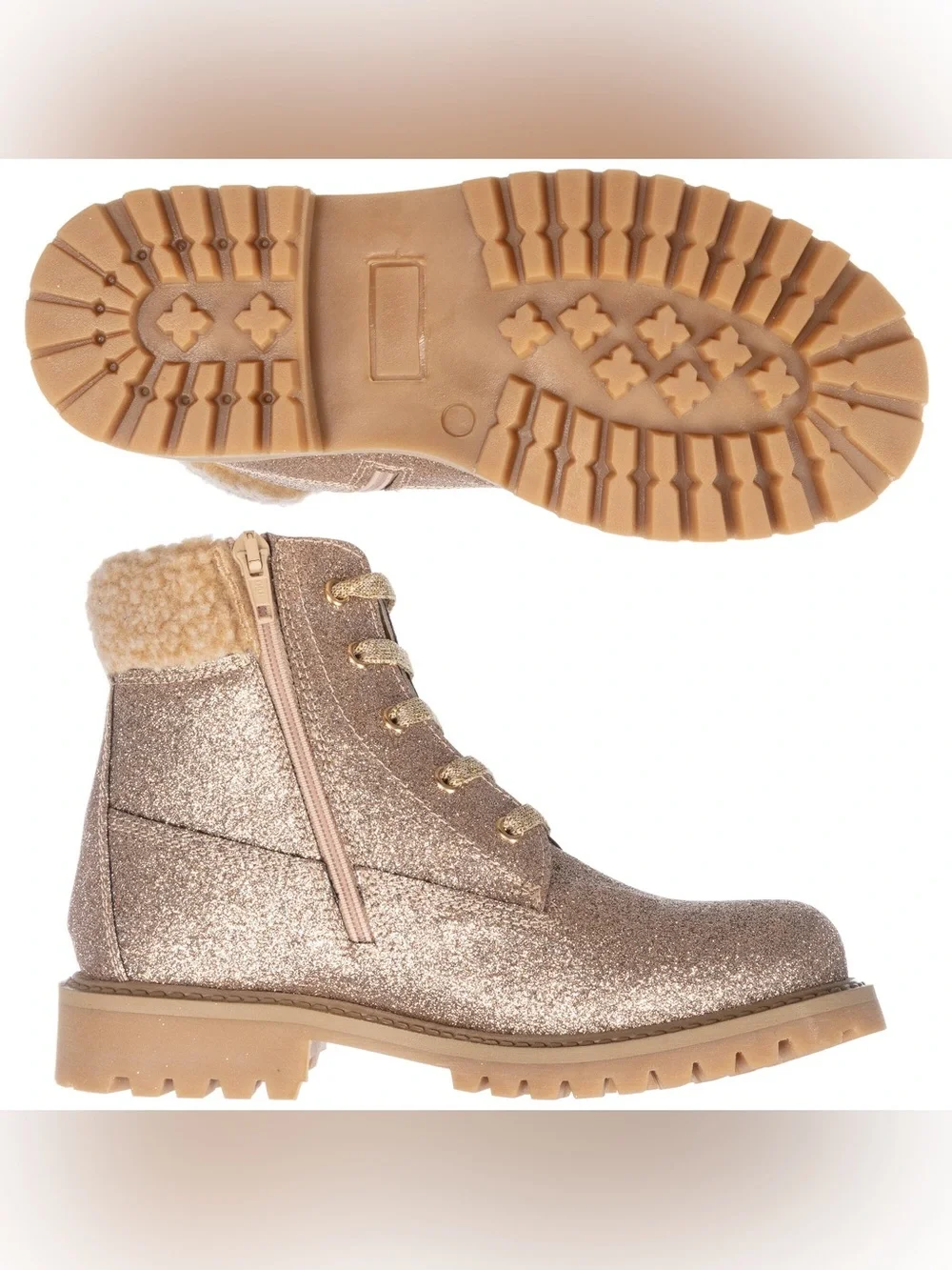 Monnalisa Girls Lace-Up Gold Glitter Ankle Boots, Beige, 34 EU